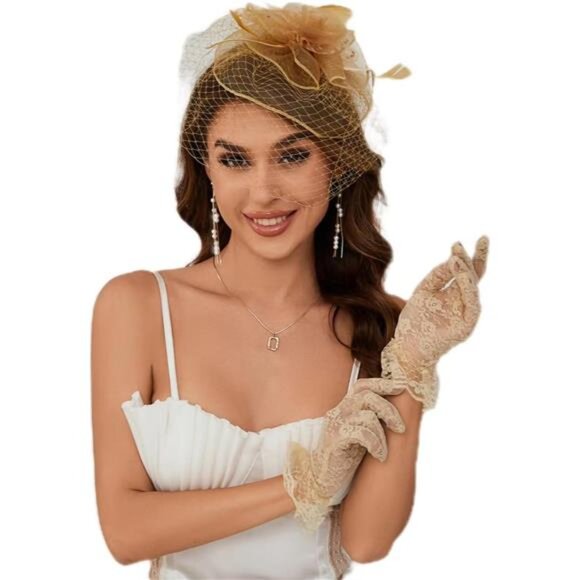 Fascinator Hat Veil Feather Dark khaki main image 6
